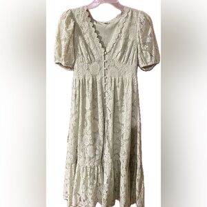 Lace Puff-Sleeve Midi Dress in Sage Green